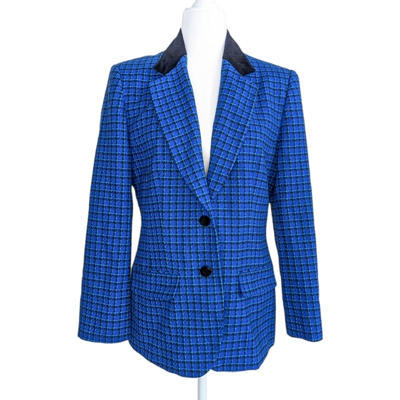 PENDLETON Vintage Blue Black Plaid Velvet Collared Wool Blazer Skirt Set Size 6 - Picture 2 of 16